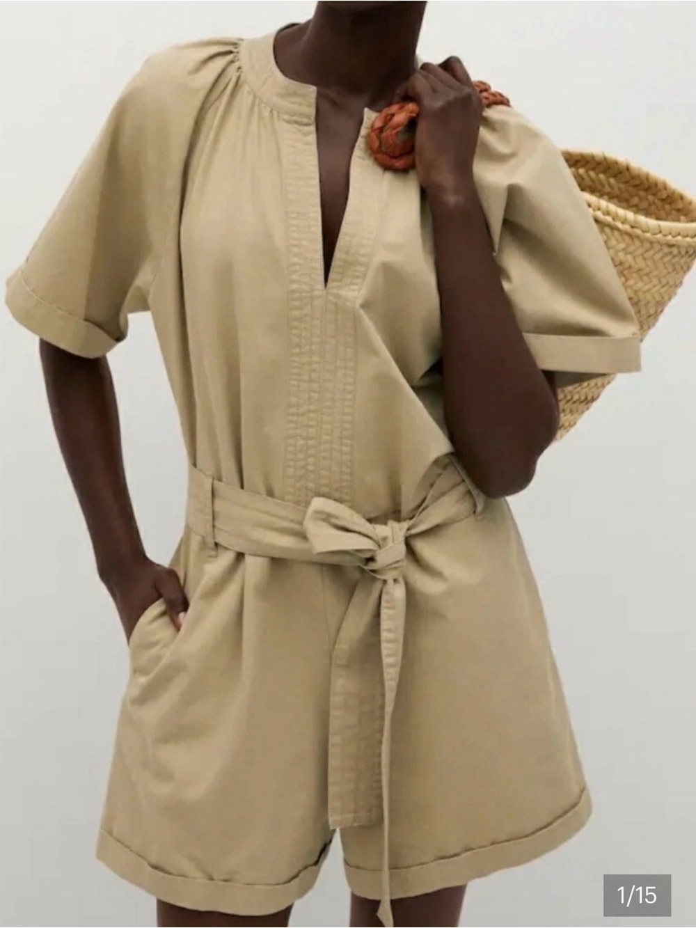 Mango Beige Short Sleeve Tie-Waist Romper Dress - Women Size S